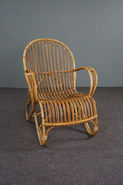 Fauteuil Belse 8 en rotin avec dossier rond, 1950