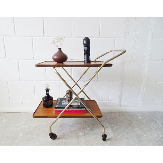 Image 1 of Chariot de service pliable vintage en or et noyer, 1960s
