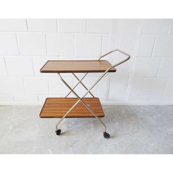 Image 1 of Chariot de service pliable vintage en or et noyer, 1960s