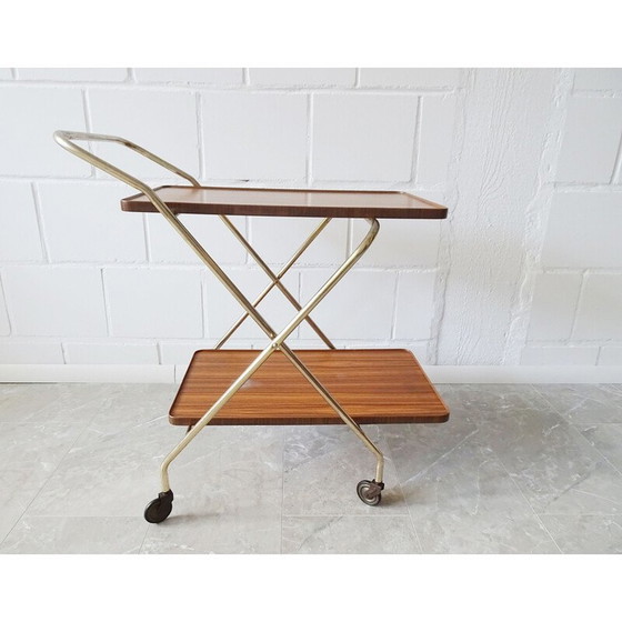 Image 1 of Chariot de service pliable vintage en or et noyer, 1960s