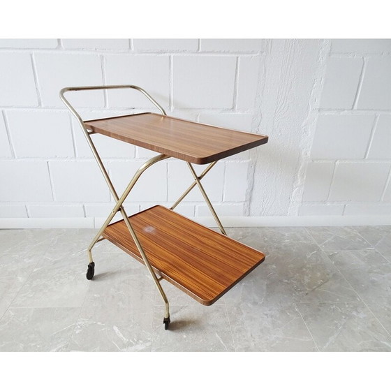 Image 1 of Chariot de service pliable vintage en or et noyer, 1960s