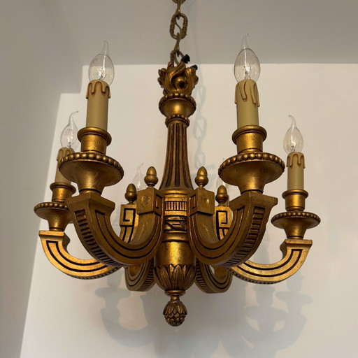 Lustre Chandelles Bois Sculpté Doré Années 60