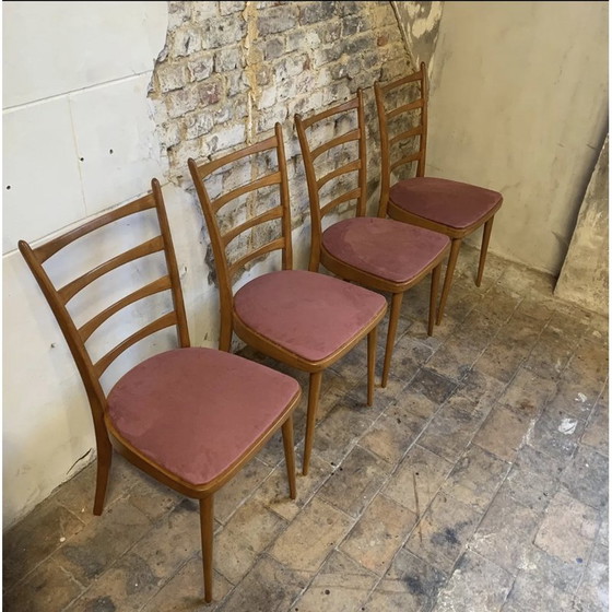 Image 1 of Ensemble de 4 chaises vintage en bois et velours