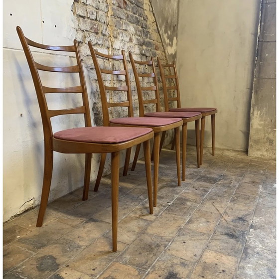 Image 1 of Ensemble de 4 chaises vintage en bois et velours