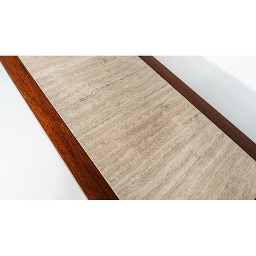 Table de salle à manger vintage en bois et travertin, Italie 1970