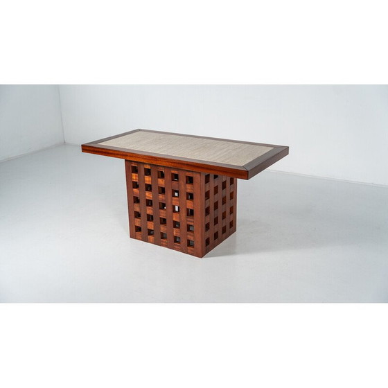 Image 1 of Table de salle à manger vintage en bois et travertin, Italie 1970