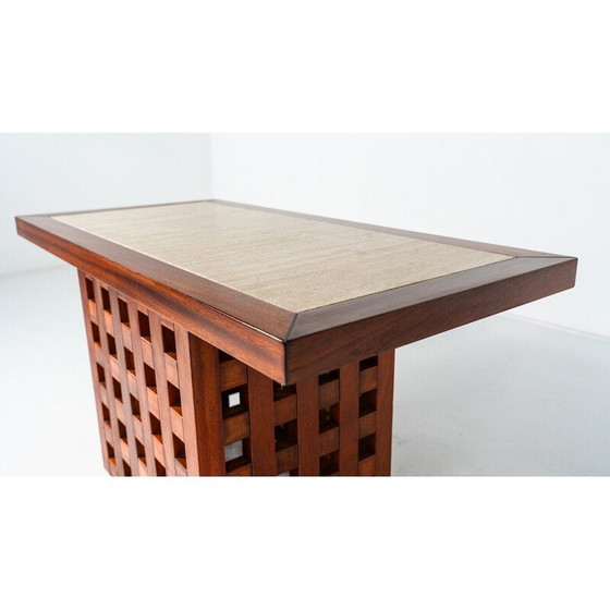 Image 1 of Table de salle à manger vintage en bois et travertin, Italie 1970