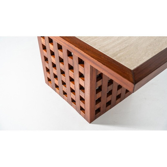 Image 1 of Table de salle à manger vintage en bois et travertin, Italie 1970