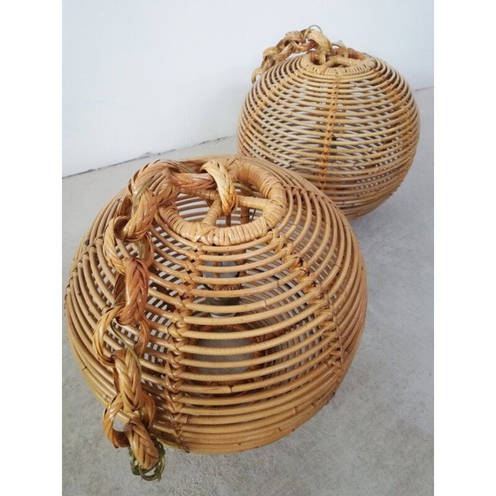 Image 1 of Paire de lustres vintage en rotin et roseau, 1970