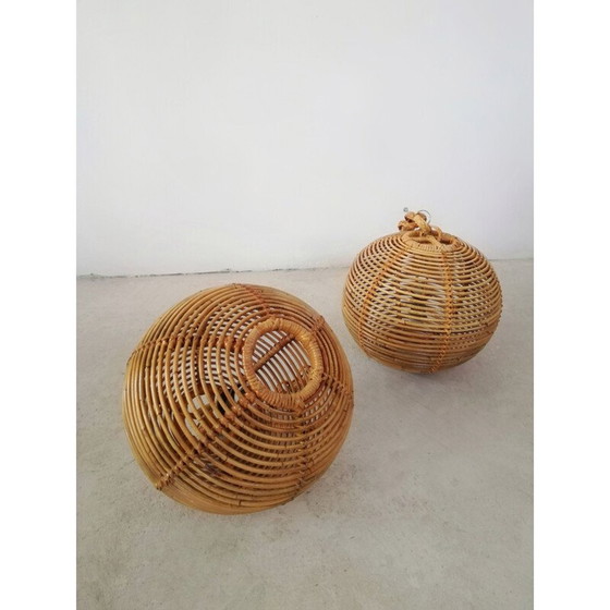 Image 1 of Paire de lustres vintage en rotin et roseau, 1970