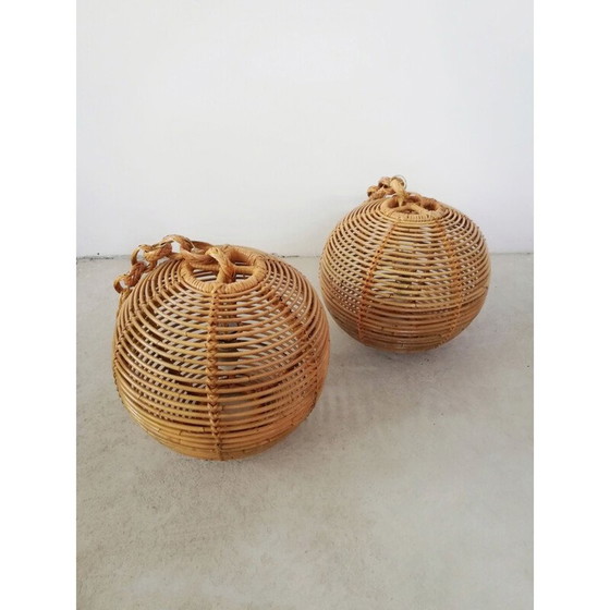 Image 1 of Paire de lustres vintage en rotin et roseau, 1970