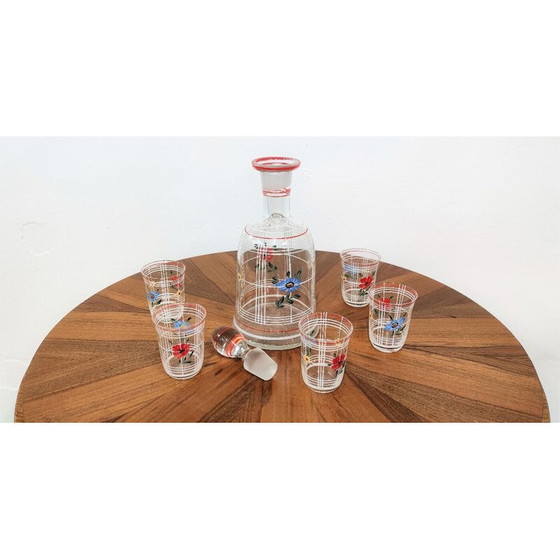 Image 1 of Carafe vintage peinte avec 5 verres, Tchécoslovaquie 1930