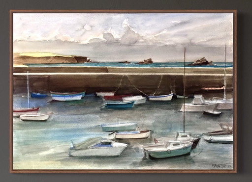 Claude Manesse 1939-2018 Grande Aquarelle D’Un Port De Plaisance 