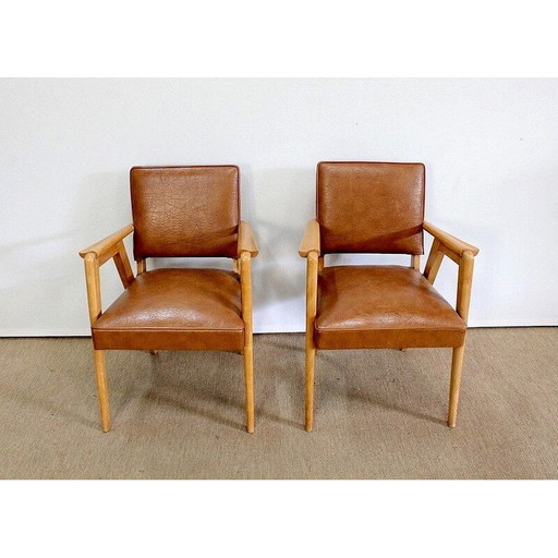 Paire de fauteuils bridge vintage en hêtre naturel et skaï, 1950