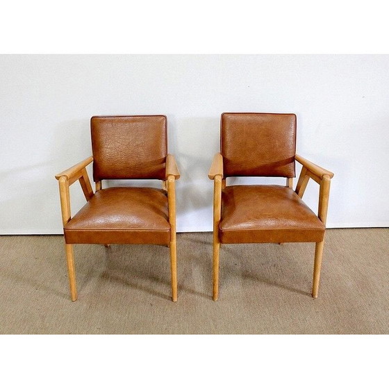 Image 1 of Paire de fauteuils bridge vintage en hêtre naturel et skaï, 1950