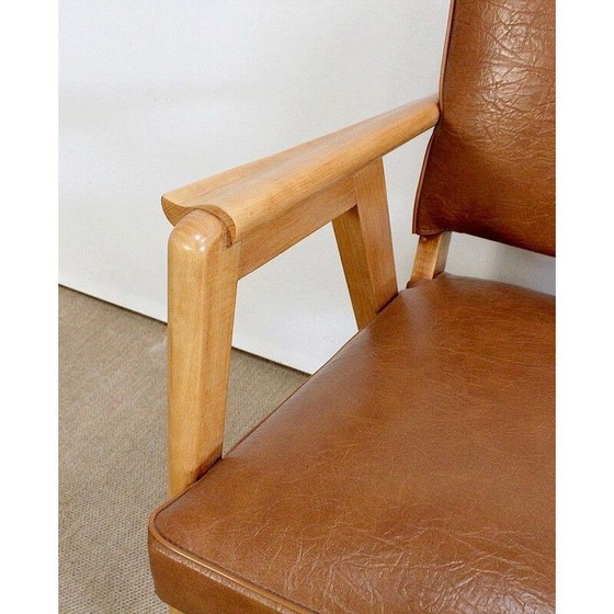 Image 1 of Paire de fauteuils bridge vintage en hêtre naturel et skaï, 1950