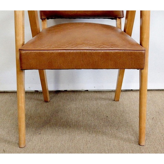 Image 1 of Paire de fauteuils bridge vintage en hêtre naturel et skaï, 1950