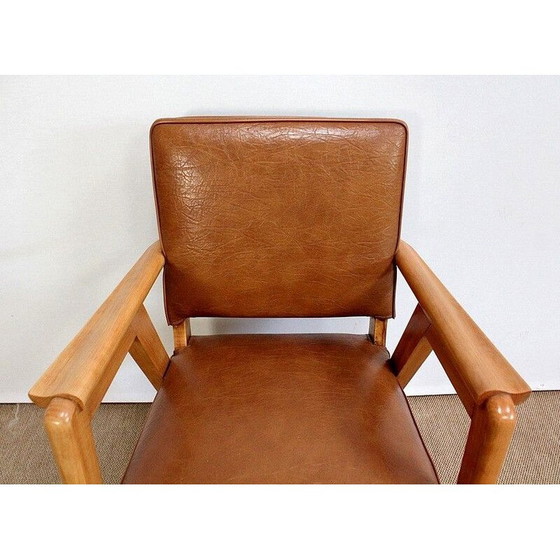 Image 1 of Paire de fauteuils bridge vintage en hêtre naturel et skaï, 1950