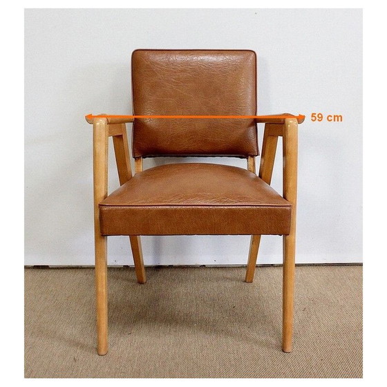 Image 1 of Paire de fauteuils bridge vintage en hêtre naturel et skaï, 1950