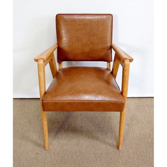Image 1 of Paire de fauteuils bridge vintage en hêtre naturel et skaï, 1950