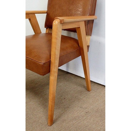 Image 1 of Paire de fauteuils bridge vintage en hêtre naturel et skaï, 1950