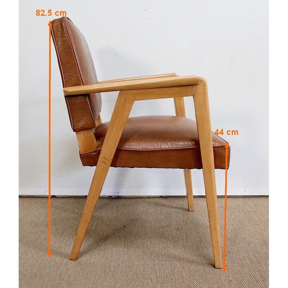 Image 1 of Paire de fauteuils bridge vintage en hêtre naturel et skaï, 1950