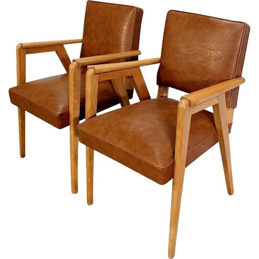 Paire de fauteuils bridge vintage en hêtre naturel et skaï, 1950