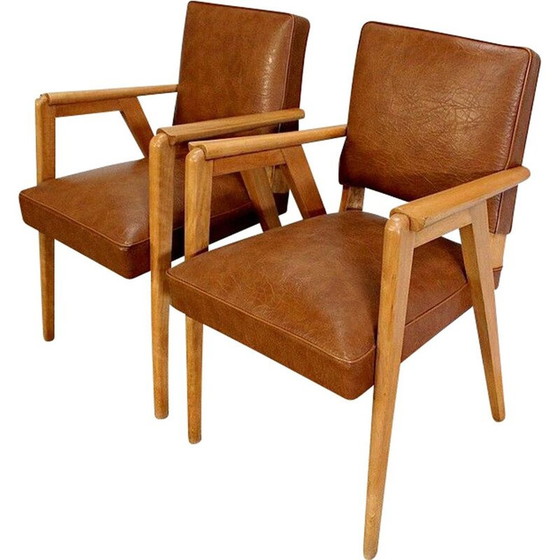 Image 1 of Paire de fauteuils bridge vintage en hêtre naturel et skaï, 1950