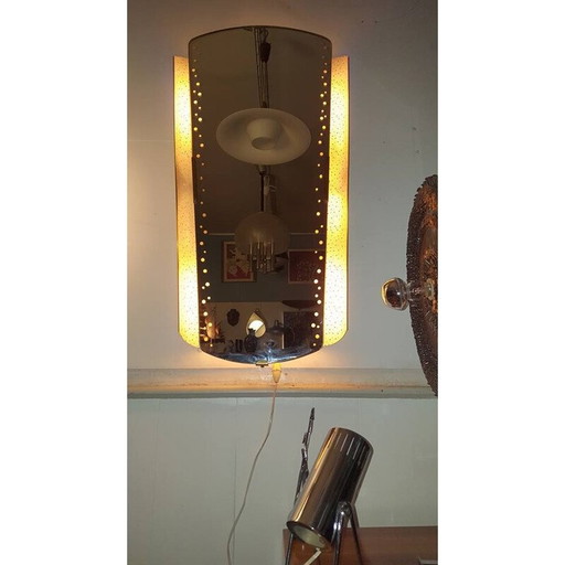Miroir lumineux vintage en tôle perforée et laiton, 1950