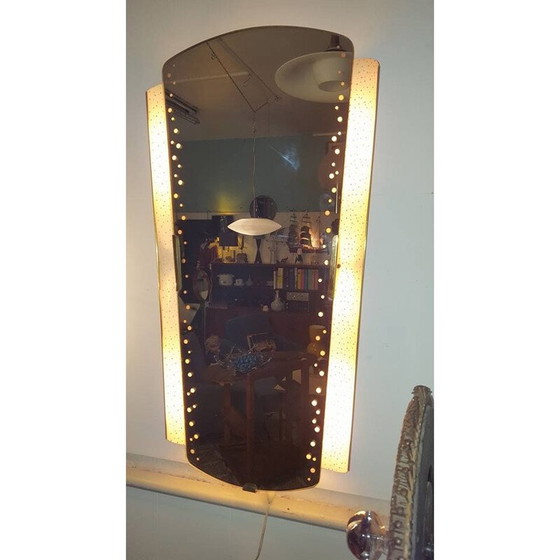 Image 1 of Miroir lumineux vintage en tôle perforée et laiton, 1950