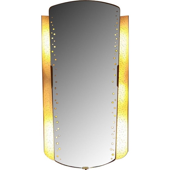 Image 1 of Miroir lumineux vintage en tôle perforée et laiton, 1950