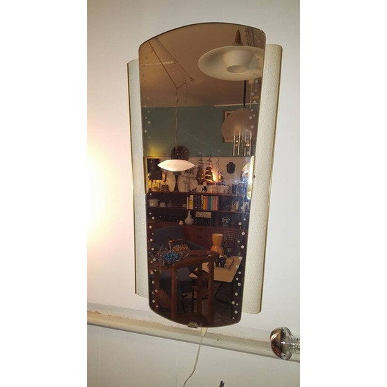 Image 1 of Miroir lumineux vintage en tôle perforée et laiton, 1950
