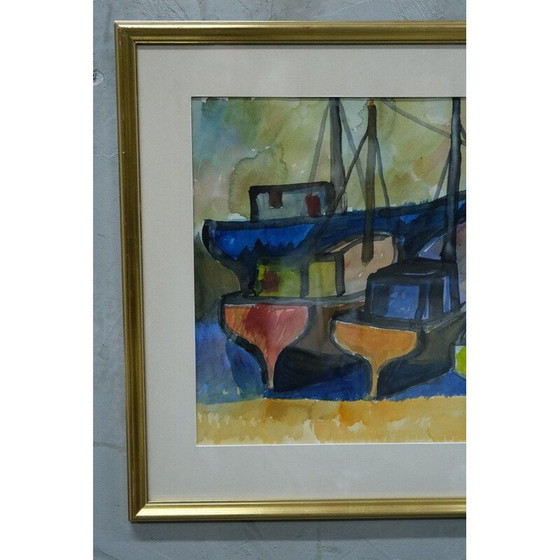 Image 1 of Aquarelle vintage "Bateaux" de Martin Emond, années 1950