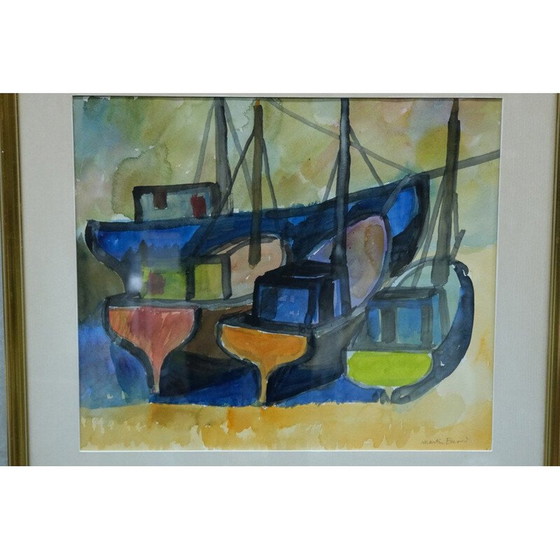 Image 1 of Aquarelle vintage "Bateaux" de Martin Emond, années 1950