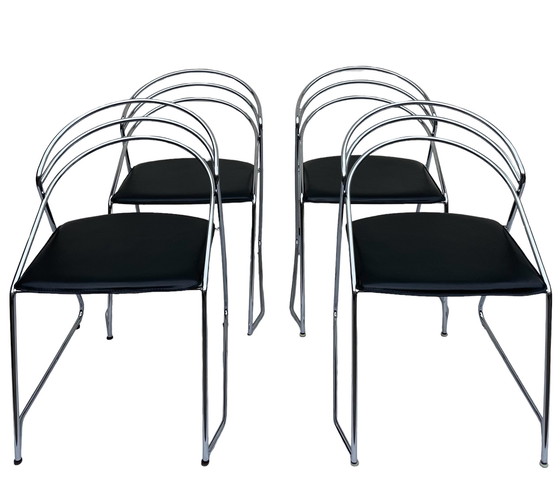 Image 1 of Vintage Design 80's Stylish Chrome Wire Steel Black Leather