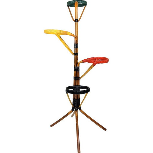 Jardinière vintage en rotin et scoubidou 1960