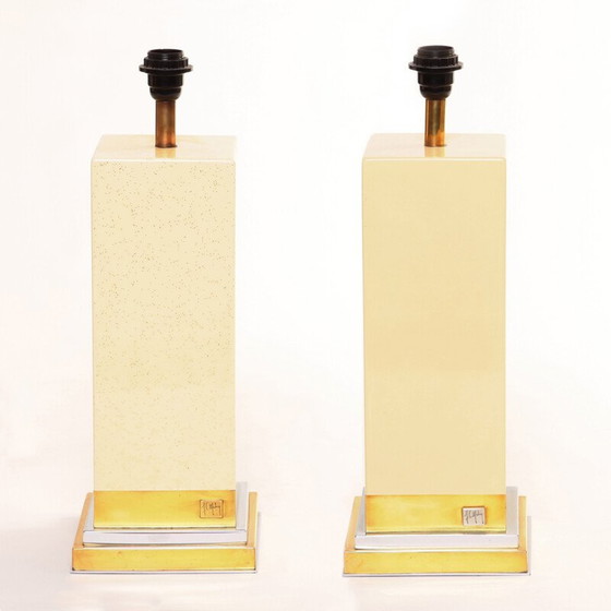 Image 1 of Paire de lampes de table vintage en laiton et métal chromé par Jean Claude Mahey, 1970