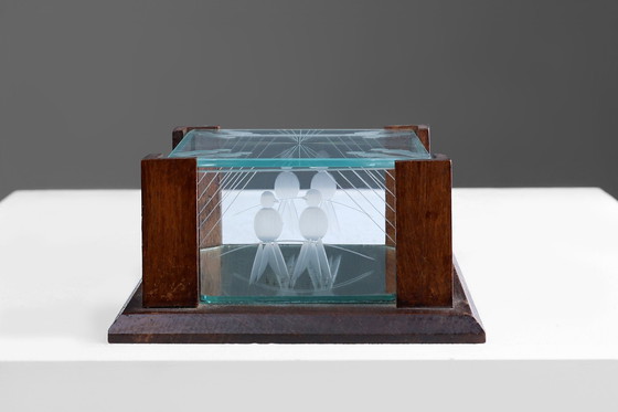 Image 1 of Boîte à bijoux Art Déco en verre taillé à facettes et en chêne, années 1930