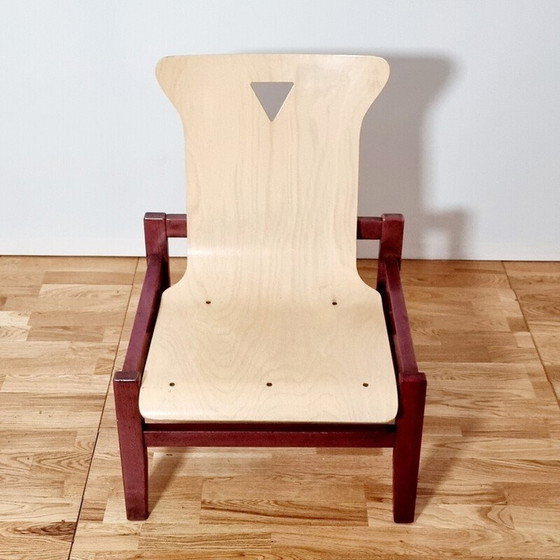 Image 1 of Suite de 4 fauteuils vintage en bois teinté et chêne clair, 1980