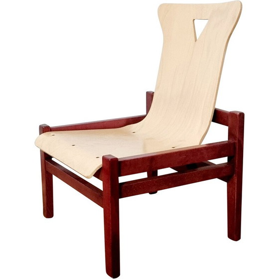 Image 1 of Suite de 4 fauteuils vintage en bois teinté et chêne clair, 1980