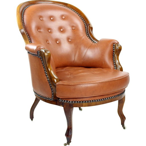 Fauteuil vintage en cuir cognac et noyer, Tchécoslovaquie 1940