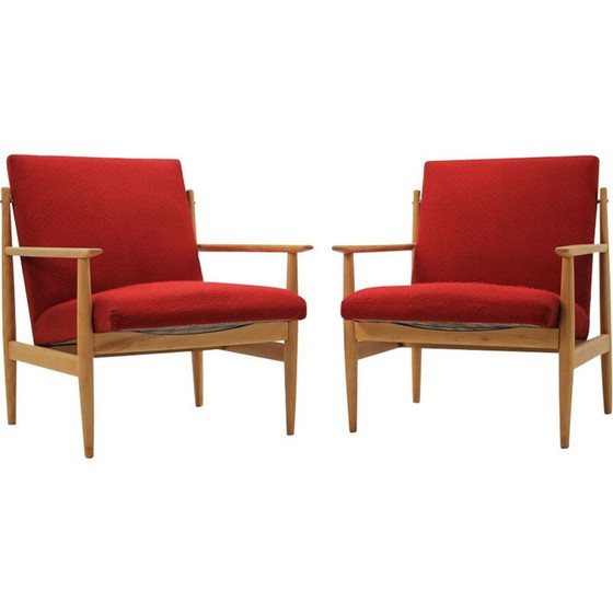 Image 1 of Paire de fauteuils vintage en tissu rouge et chêne, tchèque 1960
