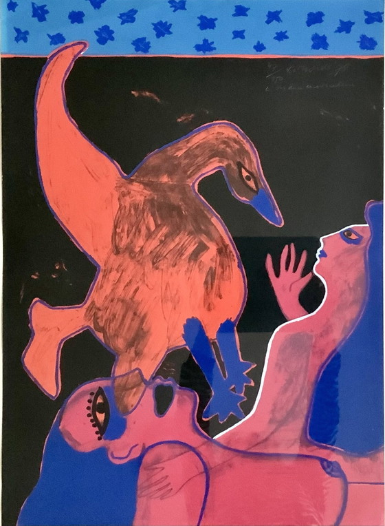 Image 1 of Signée- Lithographie Corneille- Encadrée - 'L'oiseau enchanté' 1978