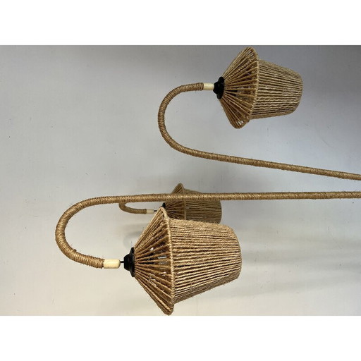 Lampadaire tripode vintage en métal et corde