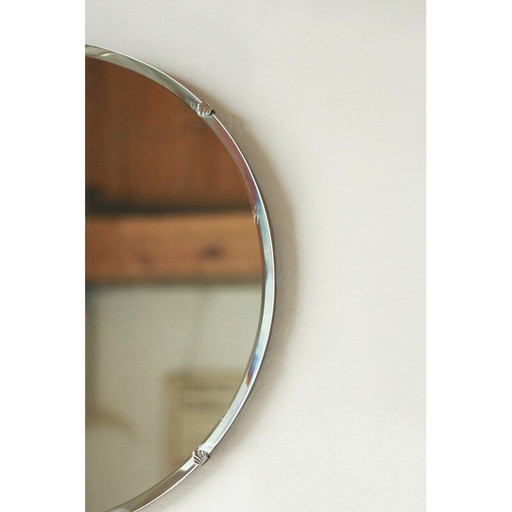 Miroir rond biseauté vintage sur base en bois, 1950