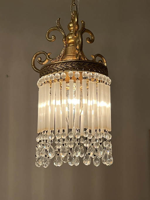 Ensemble de 2 lampes à suspension Belle Epoque Perles de cristal et tiges d'opaline