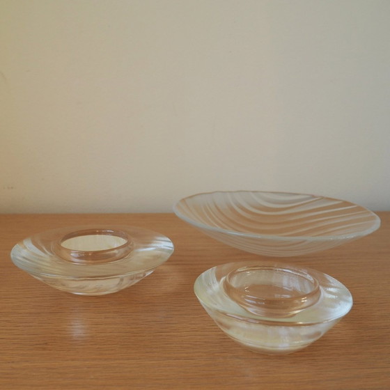 Image 1 of 1980S Holmegaard Skagerrak Set Of 3 - 2 Bougeoirs, 1 Bol