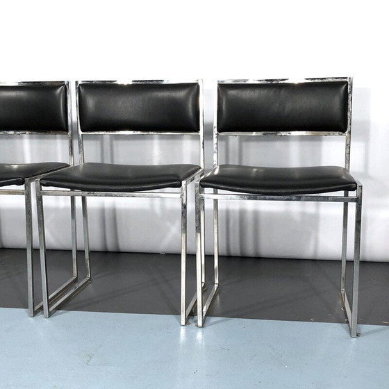 Image 1 of Ensemble de 4 chaises de salle à manger vintage en chrome et cuir par Romeo Rega, années 1960