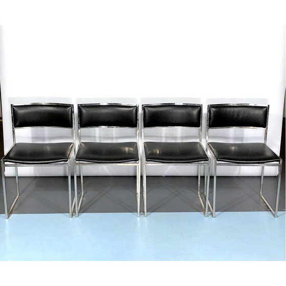 Image 1 of Ensemble de 4 chaises de salle à manger vintage en chrome et cuir par Romeo Rega, années 1960