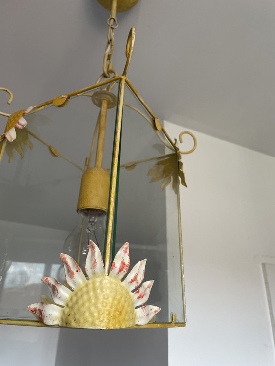 Image 1 of Suspension Tôle Émaillée Vintage Design Italien Tournesols